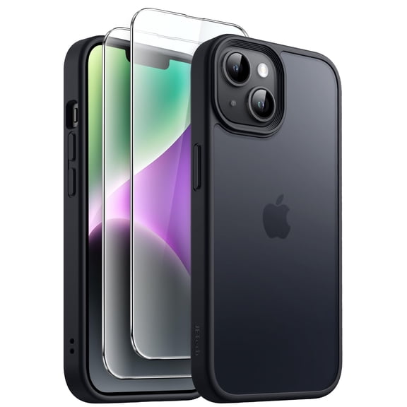 JETech 3 in 1 Matte Case for iPhone 14 6.1-Inch with 2-Pack Tempered Glass Screen Protector, Translucent Frosted Shockproof Phone Cover (Black)