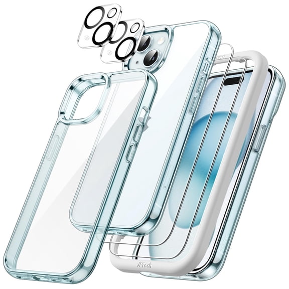 JETech 5 in 1 Case for iPhone 15 6.1-Inch with 2-Pack Each Tempered Glass Screen Protector and Camera Lens Protector, Non-Yellowing Shockproof Bumper Phone Cover (Blue)