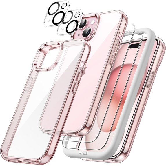 JETech 5 in 1 Case for iPhone 15 Plus 6.7-Inch with 2-Pack Each Tempered Glass Screen Protector and Camera Lens Protector, Non-Yellowing Shockproof Bumper Phone Cover (Pink)