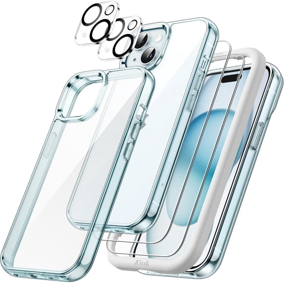 JETech 5 in 1 Case for iPhone 15 Plus 6.7-Inch with 2-Pack Each Tempered Glass Screen Protector and Camera Lens Protector, Non-Yellowing Shockproof Bumper Phone Cover (Blue)