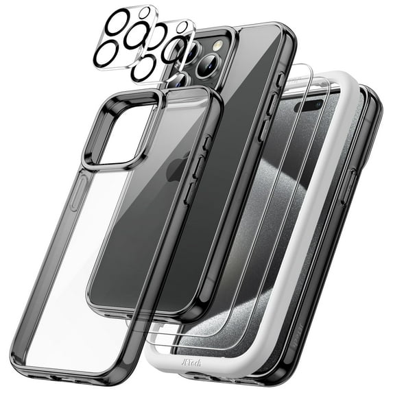 JETech 5 in 1 Case for iPhone 15 Pro 6.1-Inch with 2-Pack Each Tempered Glass Screen Protector and Camera Lens Protector, Non-Yellowing Shockproof Bumper Phone Cover (Black)