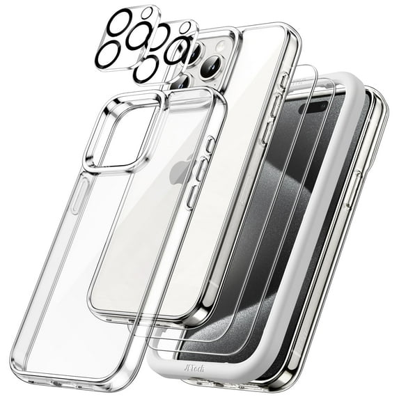 JETech 5 in 1 Case for iPhone 15 Pro 6.1-Inch with 2-Pack Each Tempered Glass Screen Protector and Camera Lens Protector, Non-Yellowing Shockproof Bumper Phone Cover (Clear)