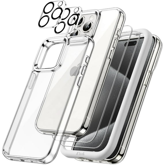 JETech 5 in 1 Case for iPhone 15 Pro Max 6.7-Inch with 2-Pack Each Tempered Glass Screen Protector and Camera Lens Protector, Non-Yellowing Shockproof Bumper Phone Cover (Clear)
