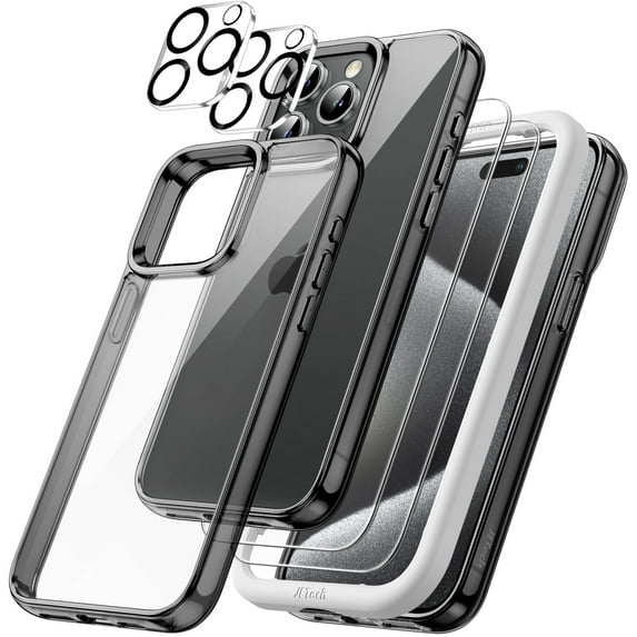JETech 5 in 1 Case for iPhone 15 Pro Max 6.7-Inch with 2-Pack Each Tempered Glass Screen Protector and Camera Lens Protector, Non-Yellowing Shockproof Bumper Phone Cover (Black)