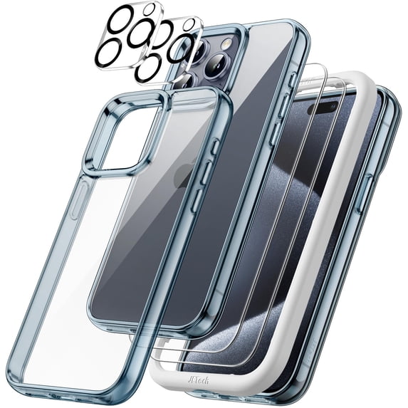JETech 5 in 1 Case for iPhone 15 Pro Max 6.7-Inch with 2-Pack Each Tempered Glass Screen Protector and Camera Lens Protector, Non-Yellowing Shockproof Bumper Phone Cover (Blue)