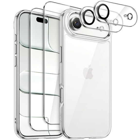 JETech 5 in 1 Case for iPhone 17 Air with 2 Pack Each Tempered Glass Screen Protectors and Camera Lens Protectors, Non-Yellowing Shockproof Bumper Phone Cover, 6.5-Inch Display (Clear)