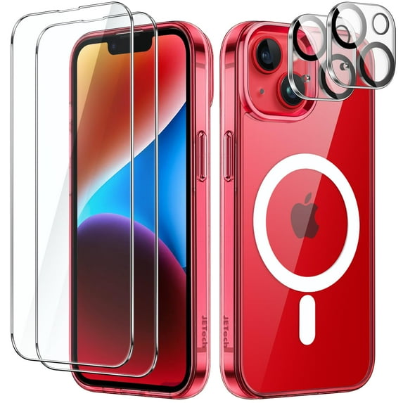 JETech 5 in 1 Magnetic Case for iPhone 14 Plus 6.7-Inch with 2-Pack Tempered Glass Screen Protector and Camera Lens Protector, Compatible with MagSafe, Shockproof Bumper Phone Cover (Red)