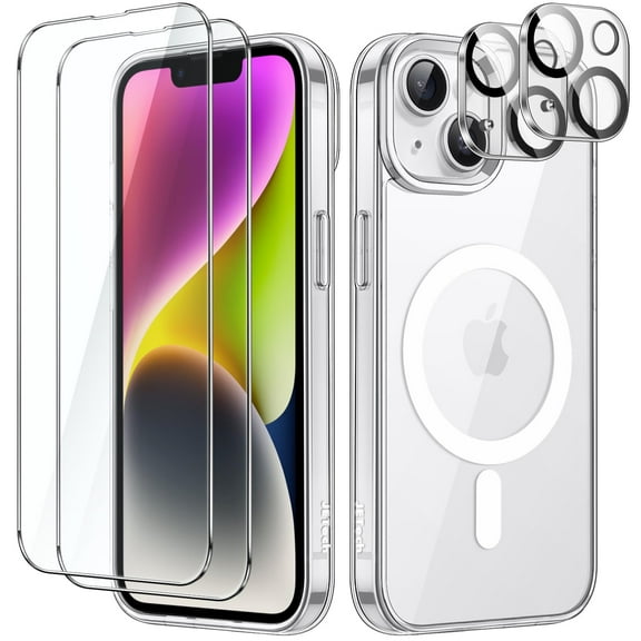JETech 5 in 1 Magnetic Case for iPhone 14 Plus 6.7-Inch with 2-Pack Tempered Glass Screen Protector and Camera Lens Protector, Compatible with MagSafe, Shockproof Bumper Phone Cover (Clear)