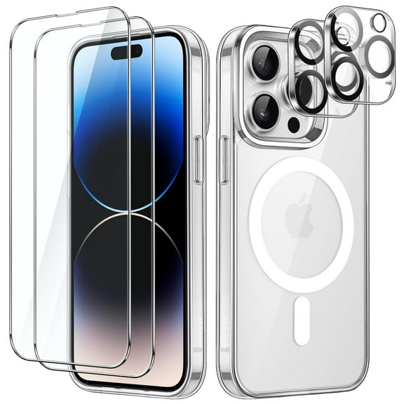 JETech 5 in 1 Magnetic Case for iPhone 14 Pro 6.1-Inch with 2-Pack Tempered Glass Screen Protector and Camera Lens Protector, Compatible with MagSafe, Shockproof Bumper Phone Cover (Clear)