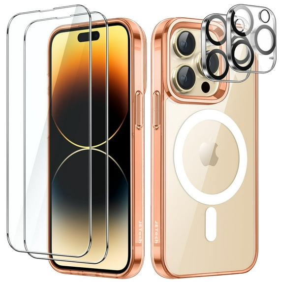 JETech 5 in 1 Magnetic Case for iPhone 14 Pro 6.1-Inch with 2-Pack Tempered Glass Screen Protector and Camera Lens Protector, Compatible with MagSafe, Shockproof Bumper Phone Cover (Rose Gold)