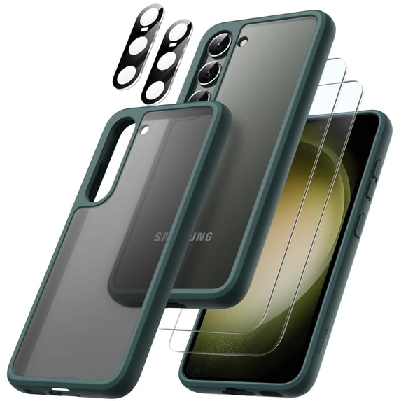 JETech 5 in 1 Matte Case for Samsung Galaxy S23 5G 6.1-Inch with 2-Pack Screen Protector and Camera Lens Protector, Translucent Back Protective Phone Cover, Tempered Glass Film (Midnight Green)