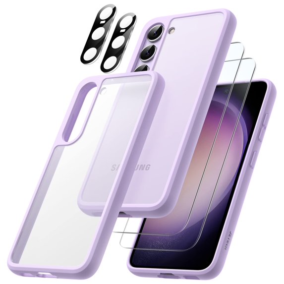 JETech 5 in 1 Matte Case for Samsung Galaxy S23+/ S23 Plus 6.6-Inch with 2 Screen Protector and 2 Camera Lens Protector, Translucent Back Protective Phone Cover, Tempered Glass Film (Lilac)