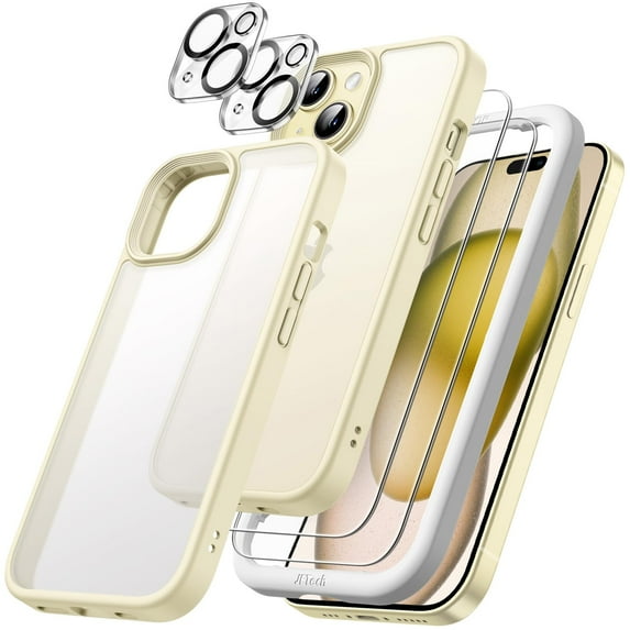 JETech 5 in 1 Matte Case for iPhone 15 Plus 6.7-Inch with 2-Pack Each Tempered Glass Screen Protector and Camera Lens Protector, Translucent Back Shockproof Phone Cover (Yellow)