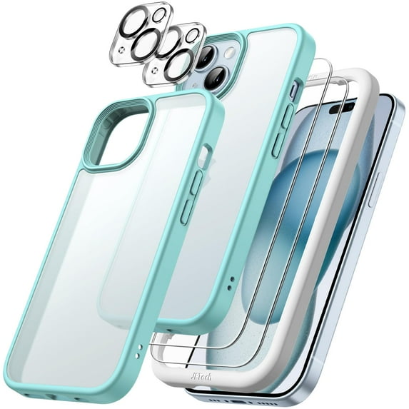 JETech 5 in 1 Matte Case for iPhone 15 Plus 6.7-Inch with 2-Pack Each Tempered Glass Screen Protector and Camera Lens Protector, Translucent Back Shockproof Phone Cover (Bright Blue)