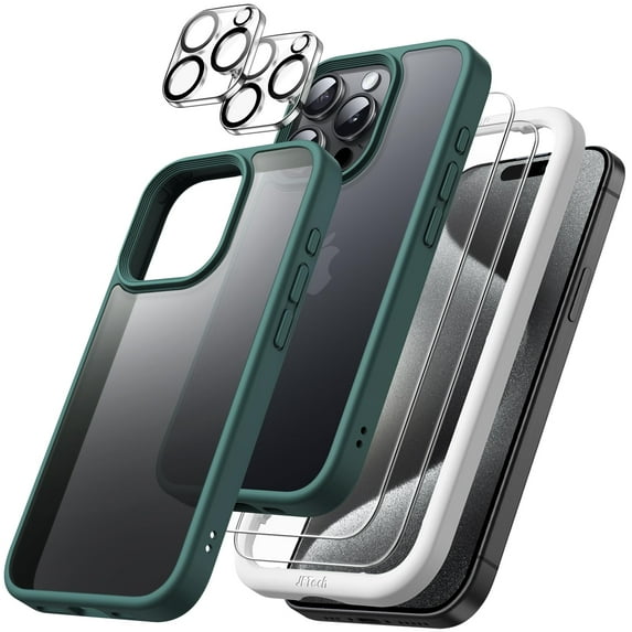 JETech 5 in 1 Matte Case for iPhone 15 Pro 6.1-Inch with 2-Pack Each Tempered Glass Screen Protector and Camera Lens Protector, Translucent Back Shockproof Phone Cover (Dark Green)
