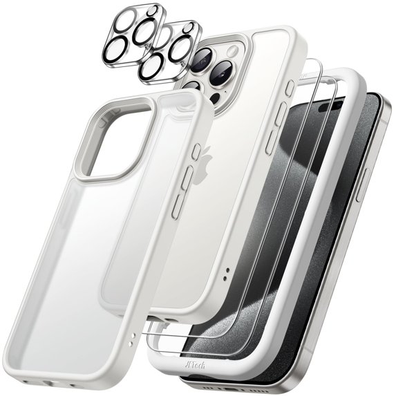 JETech 5 in 1 Matte Case for iPhone 15 Pro 6.1-Inch with 2-Pack Each Tempered Glass Screen Protector and Camera Lens Protector, Translucent Back Shockproof Phone Cover (White)