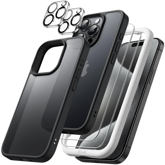 JETech 5 in 1 Matte Case for iPhone 15 Pro Max 6.7-Inch with 2-Pack Each Tempered Glass Screen Protector and Camera Lens Protector, Translucent Back Shockproof Phone Cover (Black)