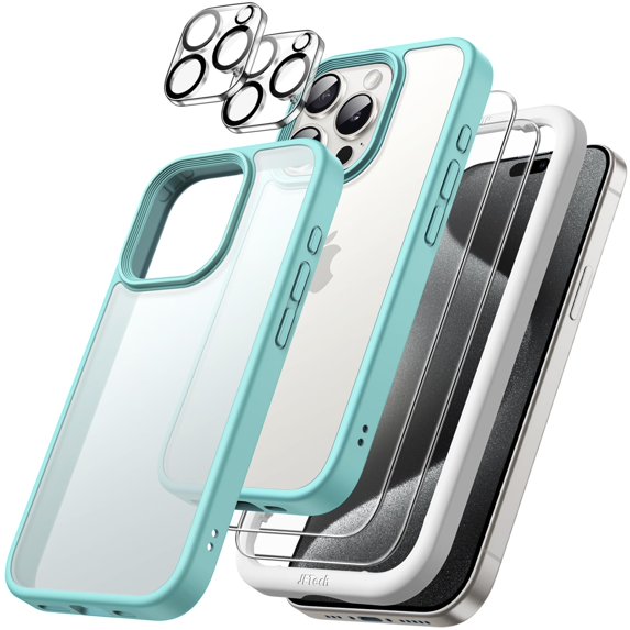 JETech 5 in 1 Matte Case for iPhone 15 Pro Max 6.7-Inch with 2-Pack Each Tempered Glass Screen Protector and Camera Lens Protector, Translucent Back Shockproof Phone Cover (Bright Blue)