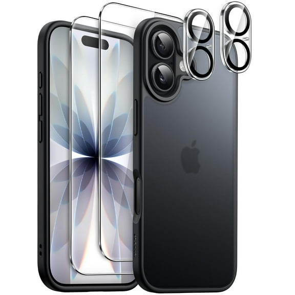 JETech 5 in 1 Matte Case for iPhone 17 6.3-Inch with 2-Pack Each Tempered Glass Screen Protector and Camera Lens Protector, Translucent Back Shockproof Phone Cover (Black)