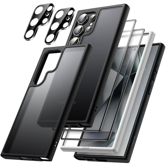 JETech 5 in 1 Matte Case for Samsung Galaxy S24 Ultra 5G with 2-Pack Screen Protector and Camera Lens Protector, Translucent Back Protective Phone Cover, Tempered Glass Film (Black)