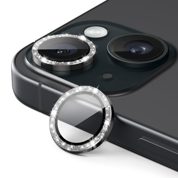JETech Camera Lens Protector for iPhone 15 6.1-Inch and iPhone 15 Plus 6.7-Inch, Bling Glitter Individual 9H Tempered Glass Metal Ring Cover, HD Clear, 2-Pack (Black)