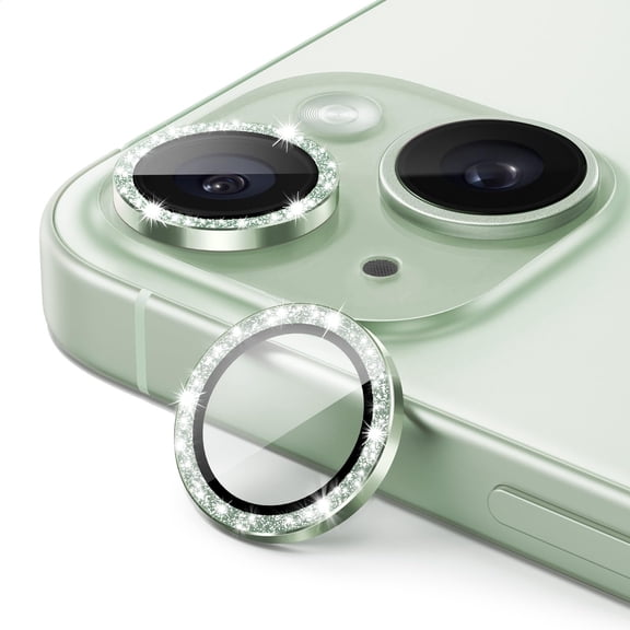 JETech Camera Lens Protector for iPhone 15 6.1-Inch and iPhone 15 Plus 6.7-Inch, Bling Glitter Individual 9H Tempered Glass Metal Ring Cover, HD Clear, 2-Pack (Green)