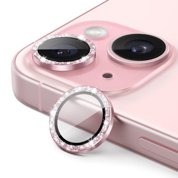 JETech Camera Lens Protector for iPhone 15 6.1-Inch and iPhone 15 Plus 6.7-Inch, Bling Glitter Individual 9H Tempered Glass Metal Ring Cover, HD Clear, 2-Pack (Pink)