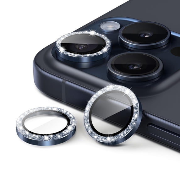 JETech Camera Lens Protector for iPhone 15 Pro 6.1-Inch and iPhone 15 Pro Max 6.7-Inch, Bling Glitter Individual 9H Tempered Glass Metal Ring Cover, HD Clear, 3-Pack (Blue Titanium)
