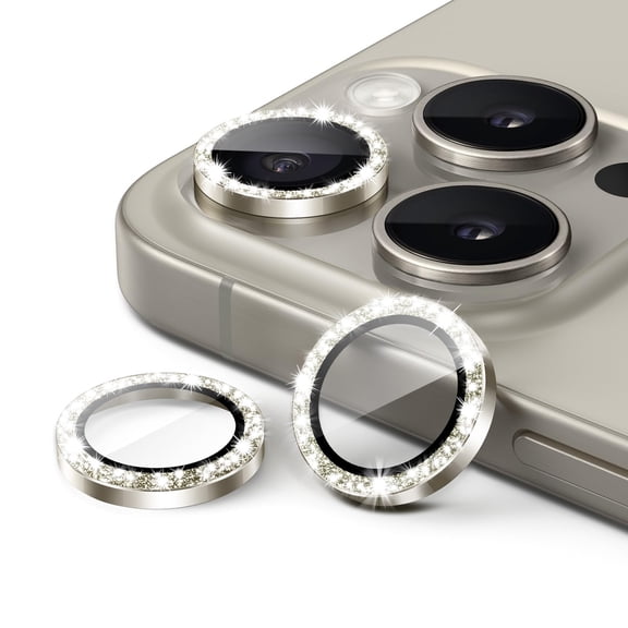 JETech Camera Lens Protector for iPhone 15 Pro 6.1-Inch and iPhone 15 Pro Max 6.7-Inch, Bling Glitter Individual 9H Tempered Glass Metal Ring Cover, HD Clear, 3-Pack (Natural Titanium)