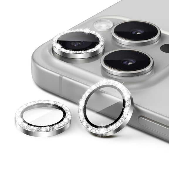 JETech Camera Lens Protector for iPhone 15 Pro 6.1-Inch and iPhone 15 Pro Max 6.7-Inch, Bling Glitter Individual 9H Tempered Glass Metal Ring Cover, HD Clear, 3-Pack (White Titanium)