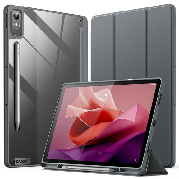 JETech Case for Lenovo Tab P12 12.7-Inch (2023 Model, TB370FU / TB371FU) with Stylus Holder, Clear Hard PC Back, Protective Tri-Fold Stand Slim Tablet Cover, Auto Wake/Sleep (Dark Gray)