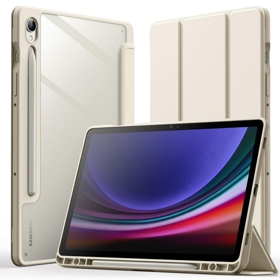 JETech Case for Samsung Galaxy Tab S9 11-Inch with S Pen Holder, Clear Transparent PC Back, Shockproof Tri-Fold Stand Tablet Cover, Auto Wake/Sleep (Beige)