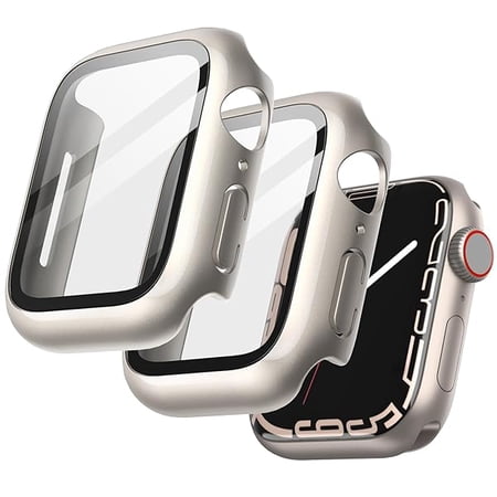 JETech Case with Screen Protector Compatible with Apple Watch Series 9 8 7 45mm, Overall Protective Cover, Built-in Tempered Glass Film High Sensitivity, 2 Pack (Starlight)