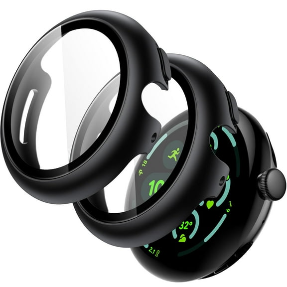 JETech Case with Screen Protector for Google Pixel Watch 3 (2024) 45mm, Built-in 9H Tempered Glass Film Hard PC Bumper Full Coverage Protective Cover, 2-Pack (Black)