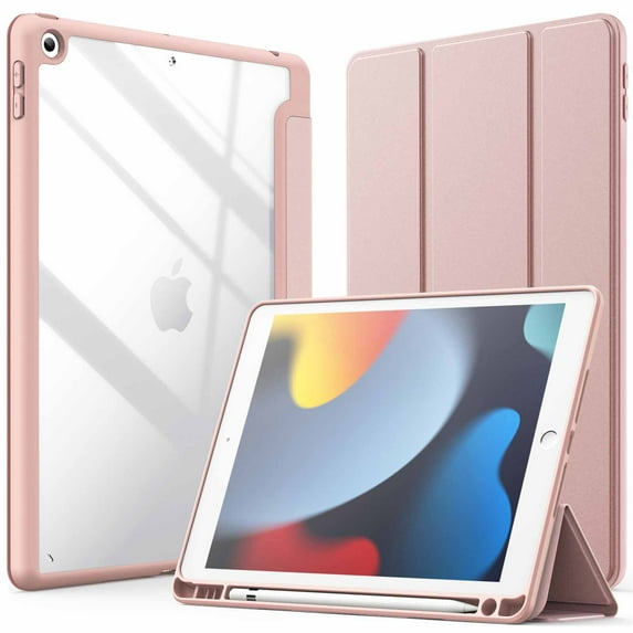 JETech Case for iPad 10.2-Inch (9th/8th/7th Generation, 2021/2020/2019) with Pencil Holder, Clear Transparent Back Shell Slim Stand Shockproof Tablet Cover, Auto Wake/Sleep (Rose Gold)