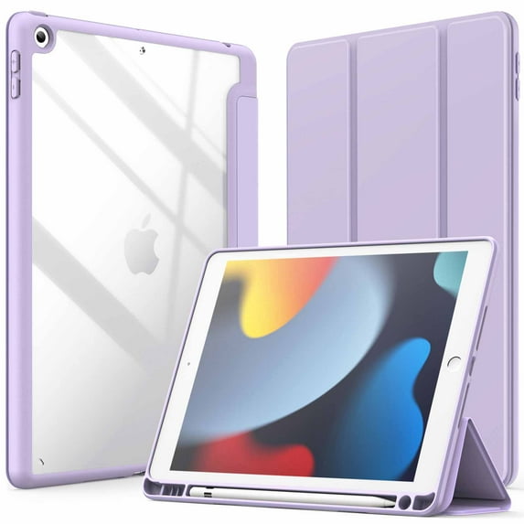JETech Case for iPad 10.2-Inch (9th/8th/7th Generation, 2021/2020/2019) with Pencil Holder, Clear Transparent Back Shell Slim Stand Shockproof Tablet Cover, Auto Wake/Sleep (Light Purple)