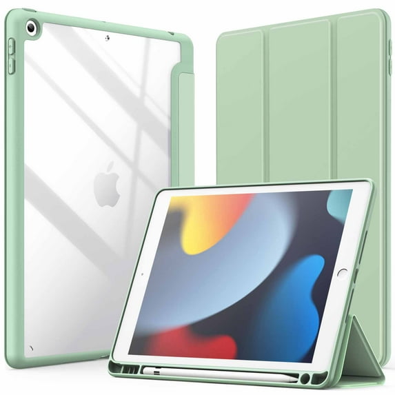 JETech Case for iPad 10.2-Inch (9th/8th/7th Generation, 2021/2020/2019) with Pencil Holder, Clear Transparent Back Shell Slim Stand Shockproof Tablet Cover, Auto Wake/Sleep (Matcha Green)