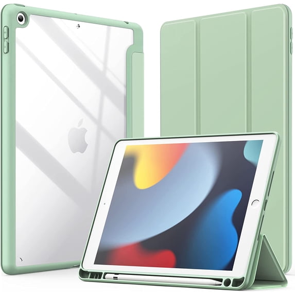 JETech Case for iPad 10.2-Inch (9th/8th/7th Generation, 2021/2020/2019) with Pencil Holder, Clear Transparent Back Shell Slim Stand Shockproof Tablet Cover, Auto Wake/Sleep (Matcha Green)