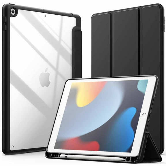 JETech Case for iPad 10.2-Inch (9th/8th/7th Generation, 2021/2020/2019) with Pencil Holder, Clear Transparent Back Shell Slim Stand Shockproof Tablet Cover, Auto Wake/Sleep (Black)