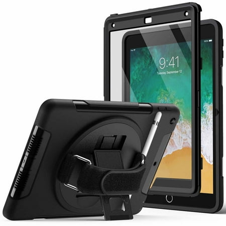 JETech Case for iPad 9.7-Inch (6th/5th Generation, 2018/2017 Model) with Built-in Screen Protector, Protective Shockproof Rugged Tablet Cover, 360° Rotating Hand Strap Stand (Black)
