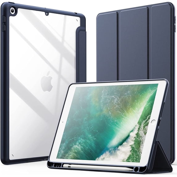 JETech Case for iPad 9.7-Inch (6th/5th Generation, 2018/2017) with Pencil Holder, Clear Transparent Back Shell Slim Stand Shockproof Tablet Cover, Auto Wake/Sleep (Navy)