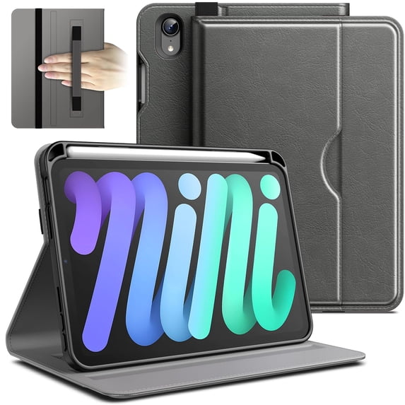 JETech Case for iPad mini (A17 Pro, 2024 Model, 7th Generation) / mini 6 (2021 Model, 6th Generation), PU Leather Business Folio Protective Tablet Cover with Pencil Holder & Pocket (Space Gray)