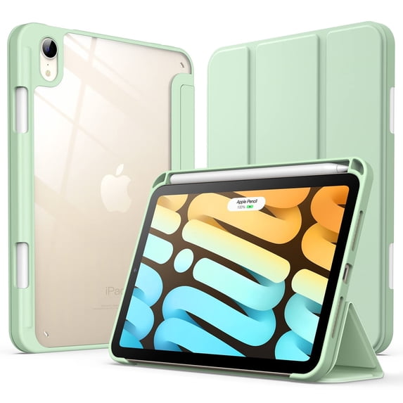 JETech Case for iPad mini (A17 Pro, 2024 Model, 7th Generation) / mini 6 (2021 Model, 6th Generation) with Pencil Holder, Clear Back Shell Slim Stand Tablet Cover, Auto Wake/Sleep (Matcha Green)