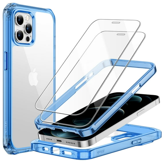 JETech Case for iPhone 12 Pro Max 6.7-Inch with 2-Pack Tempered Glass Screen Protector, 360 Full Body Shockproof Bumper Phone Cover Protective Clear Back (Blue)