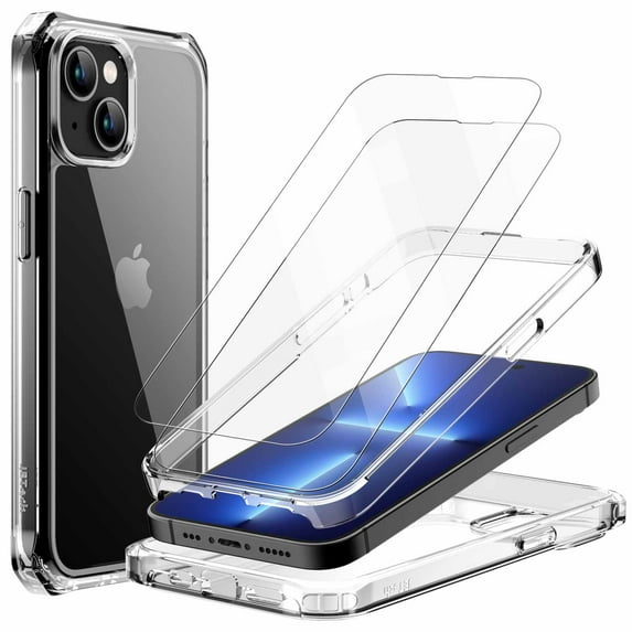 JETech Case for iPhone 14 6.1-Inch with 2-Pack Tempered Glass Screen Protector, 360 Full Body Shockproof Bumper Phone Cover Protective Clear Back (Clear)