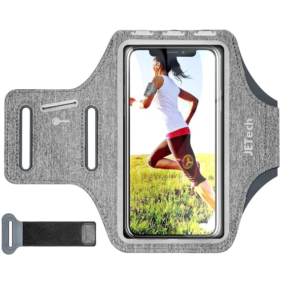 JETech Phone Armband Holder with Key Holder and Card Slot for Phone Upto 6.2 inch, iPhone 16/15 Pro/15/14 Pro/14/13 Pro/13/12, Galaxy S23/S22, Pixel 8a, Water Resistant, Adjustable Band (Grey)