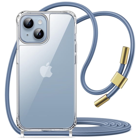 JETech Crossbody Case for iPhone 14 6.1-Inch with Adjustable Lanyard Strap, Clear Transparent Anti-Yellowing Shockproof Protective Phone Cover with Neck Cord (Blue)
