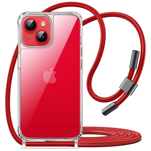 JETech Crossbody Case for iPhone 14 6.1-Inch with Adjustable Lanyard Strap, Clear Transparent Anti-Yellowing Shockproof Protective Phone Cover with Neck Cord (Red)