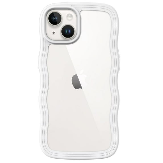 JETech Cute Case for iPhone 14 Plus 6.7-Inch, Wave Frame Curly Shape Shockproof Phone Cover for Women and Girls, Clear Hard PC Back (White)