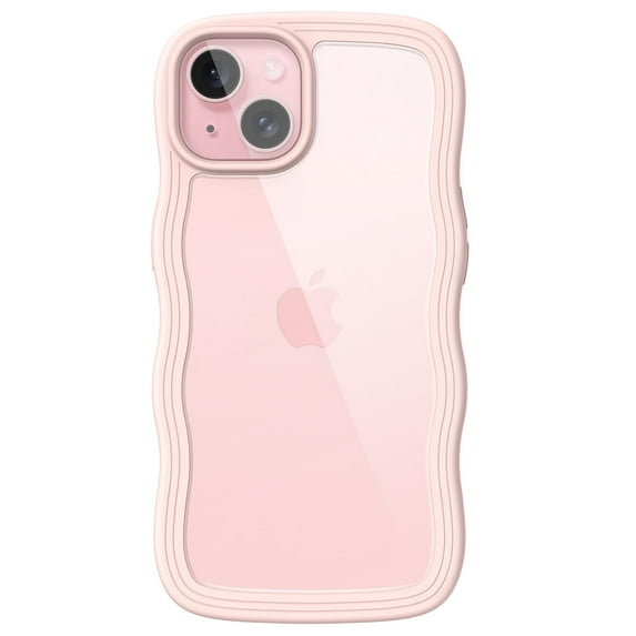JETech Cute Case for iPhone 15 6.1-Inch, Wave Frame Curly Shape Shockproof Phone Cover for Women and Girls, Clear Hard PC Back (Pink)